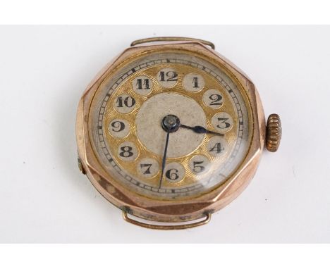 9ct rose gold cased hexagonal wristwatch, gilt and silvered engine turned dial, black Arabic numerals and poker hands, diamet