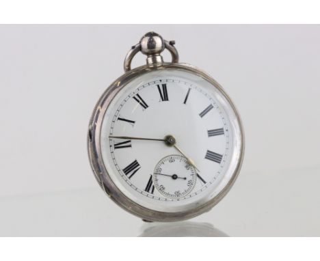 Silver open face key wind pocket watch, white enamel dial and seconds dial, black Roman numerals, poker hands, engine tuned c