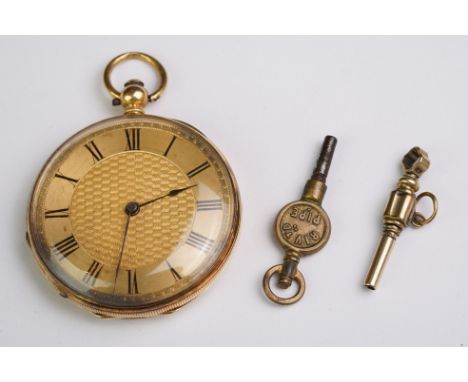 Continental 18ct yellow gold open face key wind pocket watch, gilt engine turned dial, black Roman numerals, black poker hand