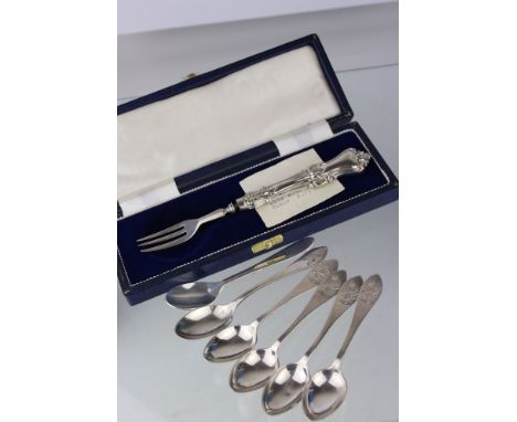 Victorian silver bladed pickle fork, cast foliate scroll decoration to waisted handle, makers George Unite, Birmingham 1852, 