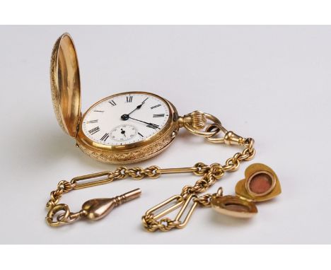 18ct yellow gold full hunter top wind fob watch, white enamel dial and seconds dial, black Roman numerals and poker hands, th