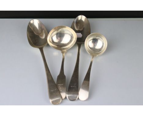 Pair of early Victorian silver serving spoons, Old English pattern, crested terminal, makers Chawner &amp; Co, London 1847, l