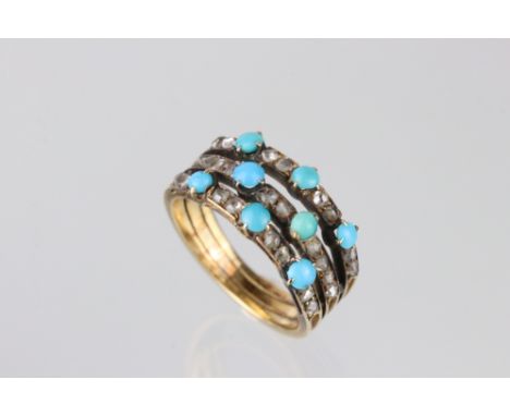 Turquoise and diamond unmarked yellow gold ring, eight small round cabochon cut turquoise stones, claw set, total of twenty-s