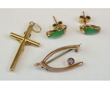 Pair of jade 9ct rose gold stud earrings, tear-drop shaped cabochon cut jade measuring approx 8.5mm x 5.5mm, post and butterf