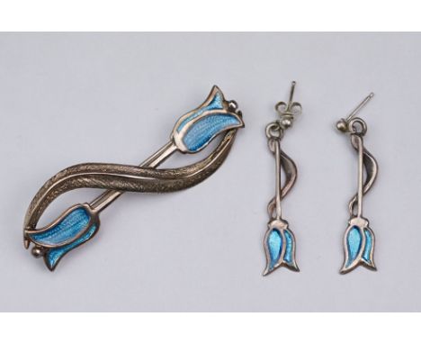 Enamelled silver Renee Mackintosh Collection brooch and a pair of matching drop earrings, tulip design, blue basse-taille ena