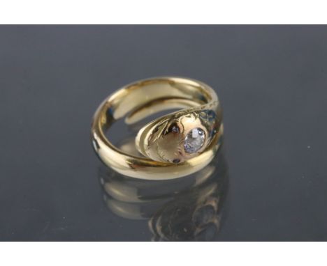 Diamond unmarked yellow gold snake ring, the serpent head set with round brilliant cut diamond, weighing approx 0.33 carat, a