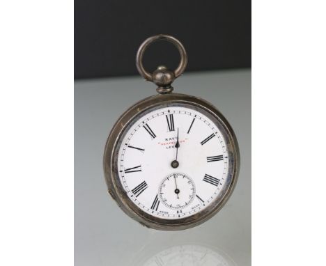 Silver open face key wind pocket watch, "Kay's Perfection Lever", white enamel dial and seconds dial, black Roman numerals, p