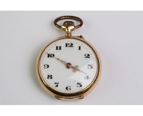 Enamelled 14ct yellow gold top wind fob watch, the engine turned case with enamelled floral design (some enamel missing) engr