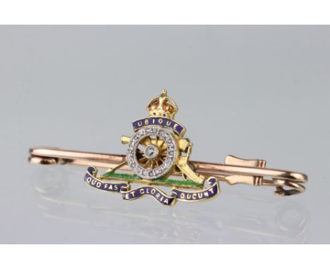Royal Artillery diamond enamelled unmarked gold sweetheart brooch, the blue green and red enamel insignia with twenty-one sma