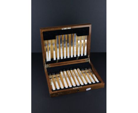 Mother-of-pearl silver fruit knife and fork set for twelve place settings, makers John Sanderson &amp; Son Ltd, Sheffield 193