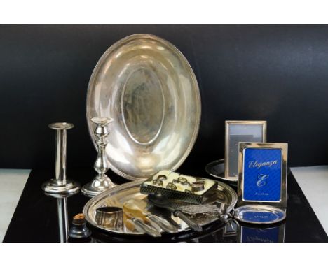 Collection of white metal to include oval tray, oval dish, circular bowl with ogee surround, stamped FS to base, Continental 