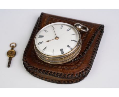 George III silver open face key wind pocket watch, white enamel dial, black Roman numerals, gilt poker hands, engraved monogr