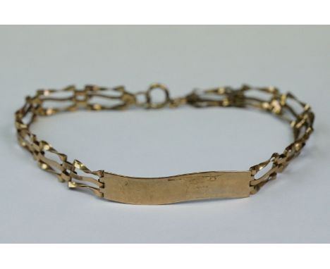 9ct yellow gold identity gate link bracelet, blank panel, bolt ring clasp 