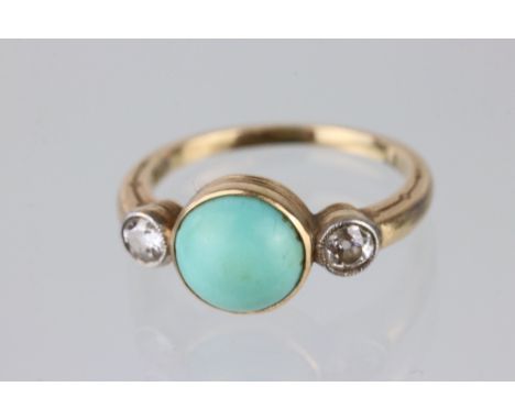 Early 20th century turquoise and diamond 14ct yellow gold three stone ring, the central round cabochon cut turquoise diameter