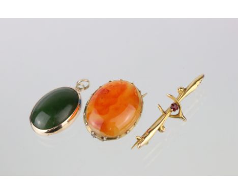 Jade 9ct yellow gold pendant, oval cabochon cut jade measuring approx 18.5mm x 13mm, rub over closed back setting; an Edwardi