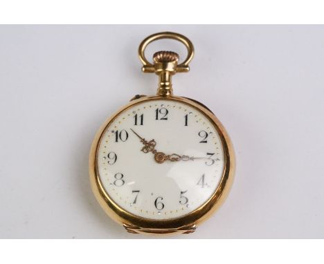 Continental gold top wind fob watch, cream enamel dial with black Arabic numerals, poker hands, plain polished case, hallmark