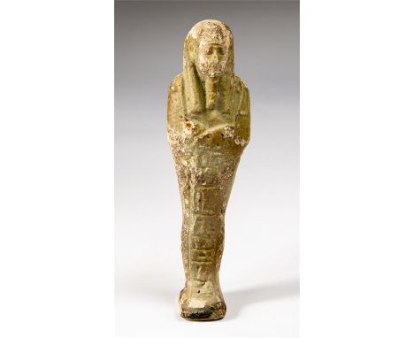 Egyptian faience shabti, Late Dynastic Period, C. 525 - 332 BC.   A nicely glazed shabti with remnants of hieroglyphs and agr