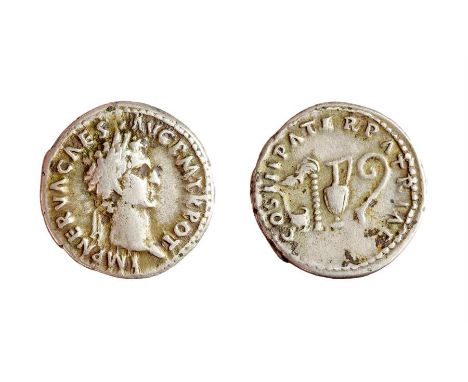 Silver denarius of Nerva   obverse; laureate bust facing right,IMP NERVA CAES AVG PM TR POT; reverse: ladle, sprinkler, jug a