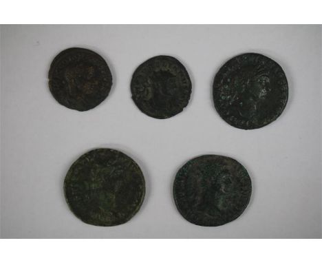 Sestertius group, 2nd-4th century ADA group of five bronze sestertii consisting of: Domitian, Nerva, Trajan, Gordianus, Aurel