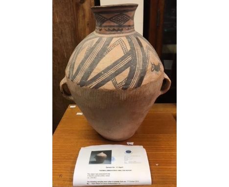 A large Chinese Neolithic Impressed Pottery Jar  of the Caiyuan Culture. This attractively-shaped pottery jar was made some 4