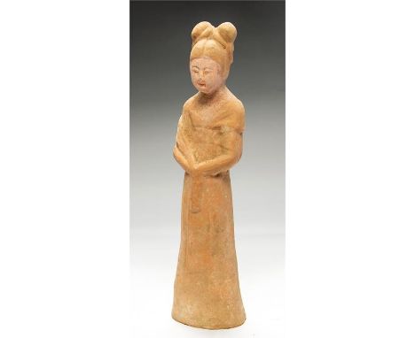  Chinese Tang Dynasty Female Tomb Figure, 618-907 AD  A ceramic figure of a female with hair pulled up into two bums to the t