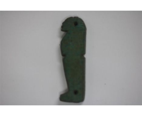 Egyptian Imsety Amulet, Late Period, 664-332 BC.&nbsp; A faience amulet of Imsety, with mummified body and human head, guardi