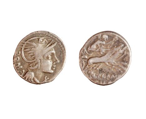 Silver denarius of Lucius Flaminius Chilo  obverse: bust of Roma wearing winged helmet facing right; reverse: Victory riding 