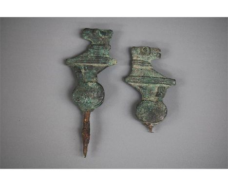 Western Asiatic Horse Finial Pair, 2nd-1st millennium BC. A pair of bronze finials with horse head with thick collar round ne