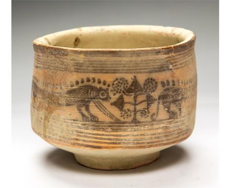 Indus Valley Bowl with Felines and Peepal Trees, 2nd millennium BC  A ceramic bowl with drum shaped body decorated to the out