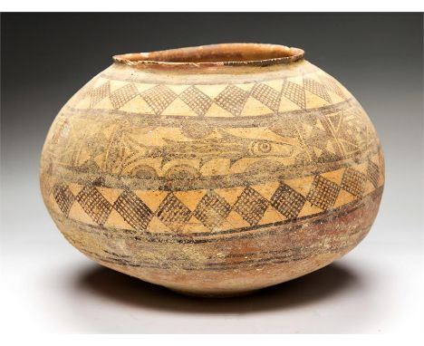 Indus Valley Pot with multiple fish, 2nd millennium BC A large ceramic pot with globular body decorated with panels of swimmi