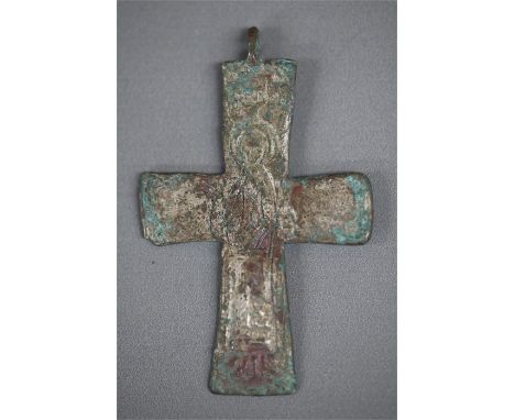 Corpus Christi Cross, 7th-9th century ADA bronze cross engraved to one side with the figure of Christ, nimbus to back of head