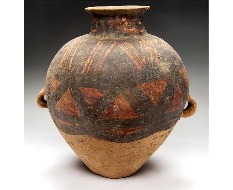 Chinese Painted Neolithic Jar. Yangshao Culture, 6th-4th millennium BC.  A ceramic vessel with flared mouth and small neck wi