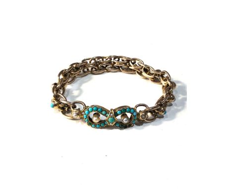 Antique 9ct gold turquoise &amp; pearl fancy link bracelet weight 16.5g 