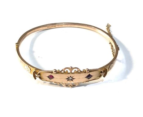 9ct gold antique Chester hallmarked diamond &amp; ruby bangle weight 6.4g 