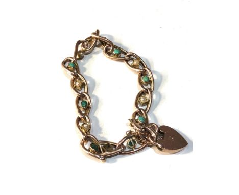 9ct gold antique turquoise &amp; seed pearl heart padlock bracelet weight 9.8g, missing 3 seed pearls, one link does need rep