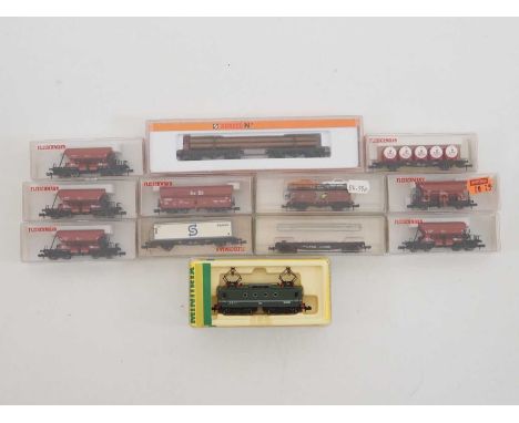 A group of MINITRIX, FLEISCHMANN and ARNOLD European outline N gauge rolling stock comprising a SNCF BB20000 series electric 