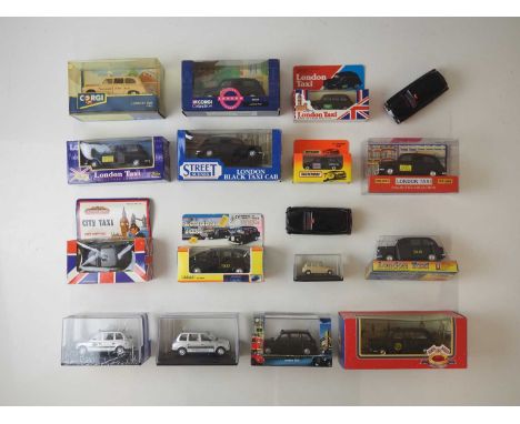 A group of mixed scale boxed and unboxed London FX4 and TXII taxis, to include CORGI, MATCHBOX and OXFORD DIECAST -  VG in G 
