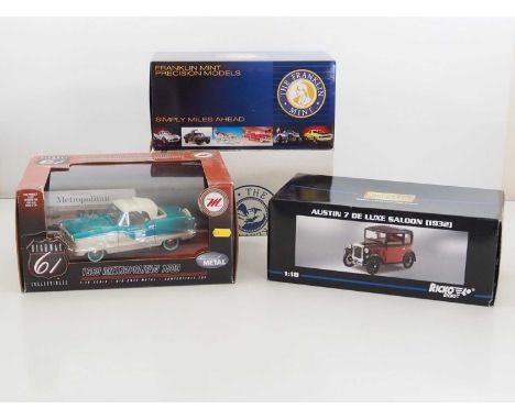 A group of 1:24 and 1:18 scale diecast cars, comprising a HIGHWAY 61 COLLECTIBLES Nash Metropolitan, a RICKO Austin 7 De Luxe