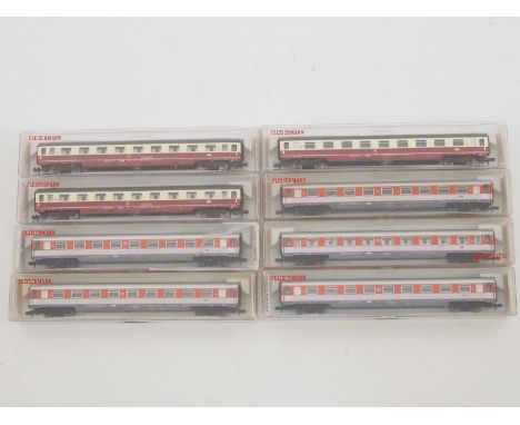 A group of N gauge German outline coaches by FLEISCHMANN - G/VG in G/VG boxes (8)