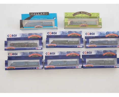 A group of CORGI 1:120 scale 'Rail Legends' diecast steam locomotives including four of the six class A4s from the 'Great Gat