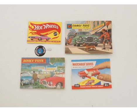 A group of 1960s diecast catalogues plus a HOT WHEELS collectors button, comprising of a 1963 DINKY Toys catalogue, a 1963 MA