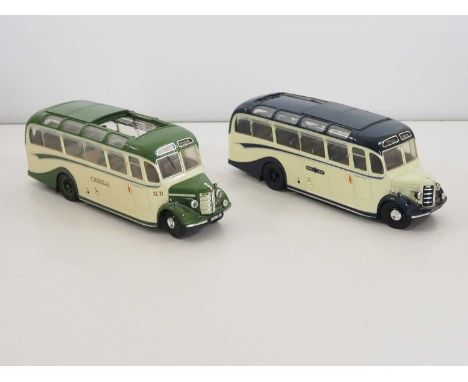 A pair of unboxed ORIGINAL CLASSICS 1:24 scale diecast Bedford Duple OB Coaches in Royal Blue and Crossville liveries - overa