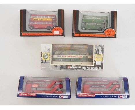 A group of 1:76 scale diecast buses and a Blackpool Balloon tram by CORGI/OOC and EFE, to include a pair of OOC New Routemast