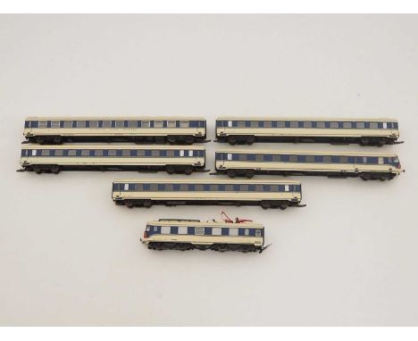 A ROCO HO gauge Austrian outline OBB class 4010 electric locomotive (one pantograph damaged) with a matching five car push/pu