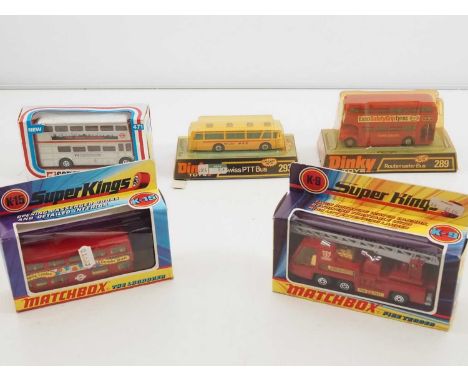 A group of vintage 1970s Diecast by MATCHBOX, CORGI and DINKY, comprising a DINKY 289 Routemaster Bus, a DINKY 293 Swiss PTT 