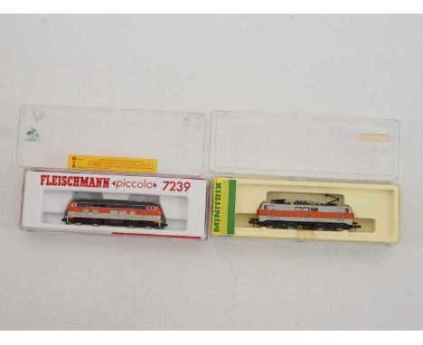 A pair of German outline N gauge locomotives comprising a FLEISCHMANN BR218 diesel in CityBahn livery and a MINITRIX BR111 el