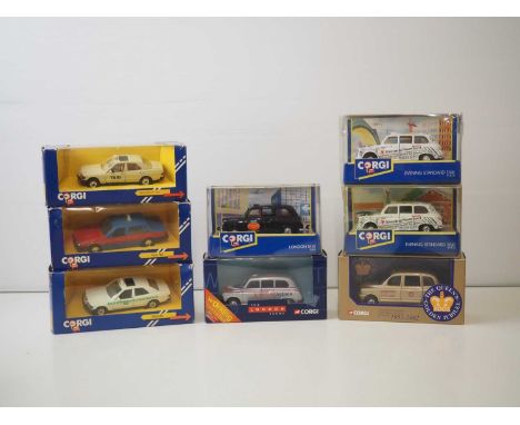 A group of CORGI TOYS - to comprise of x2 Mercedes Benz 190e, a Volvo 760, a Golden Jubilee TXII taxi and x4 FX4 taxis - VG/E