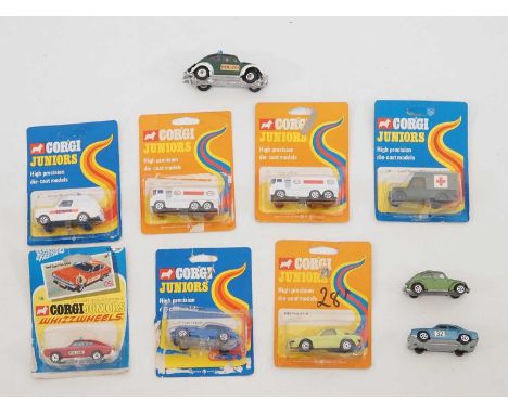 A group of carded and loose CORGI  and CORGI JUNIORS, to include a No 56  Ford Capri Fire Chief, No E86 Fiat X1/9, No 14 ESSO