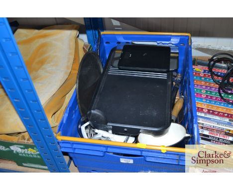 A box of kitchenalia to include scales, Le Creuset style cooking dishes etc.