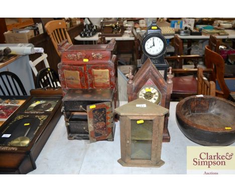 A late Victorian mantel clock, another clock, miniature pine glazed corner cabinet and two lacquered cabinets AF